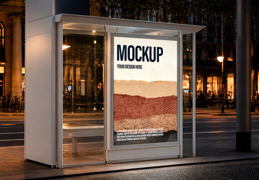 Illuminated Advertising Stand Integrated into a Bus Stop Mockup