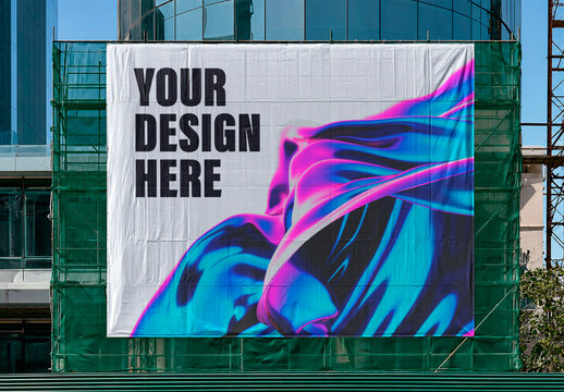 Large Horizontal Advertising Banner Installed on a Facade Under Renovation Mockup