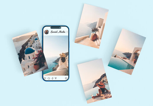 Smartphone and Photo Cards Social Media Mockup with Transparent Background