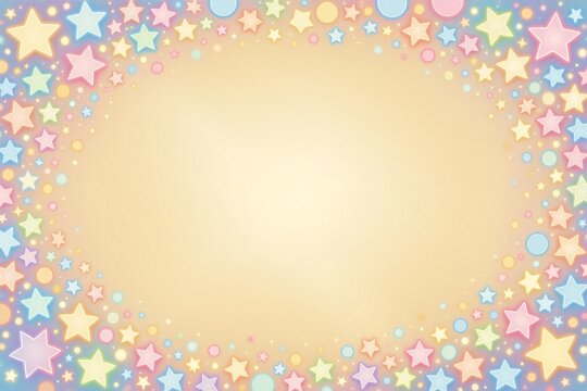 A festive pastel background featuring a golden frame surrounded by glowing, shiny stars and colorful circular confetti.