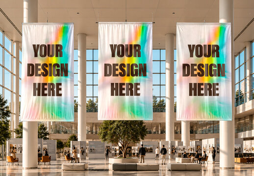 Three Large Vertical Hanging Banners in an Indoor Exhibition Space Mockup