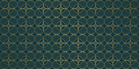 Naklejka premium Luxury art deco vector seamless pattern with overlapping gold circles on dark emerald green background, elegant geometric decorative wallpaper
