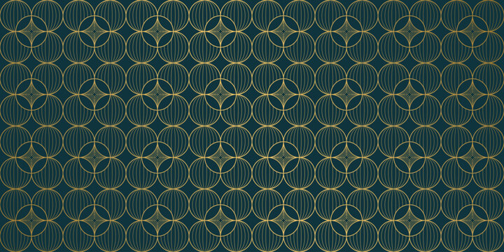 Luxury art deco vector seamless pattern with overlapping gold circles on dark emerald green background, elegant geometric decorative wallpaper