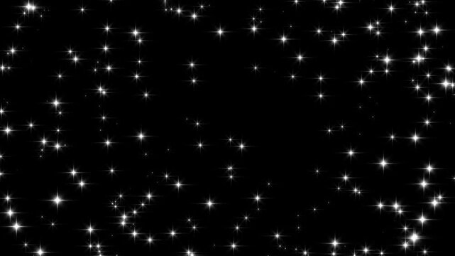 Shining white glitter sparkle star burst animation, glowing white glitter star blast with sparkling magic trail, 2d glitter stars particles blast animation, blinking light effect on black screen.4k