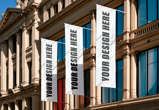 Vertical Exterior Banners Fixed to a Building Facade Mockup