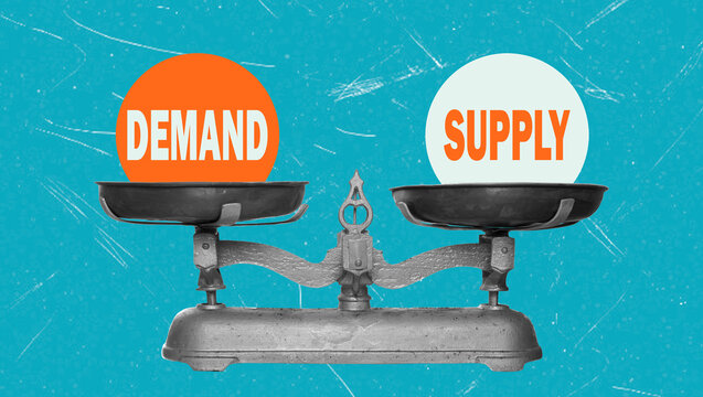 Art collage showing a balance scale with demand and supply concepts represented on each side