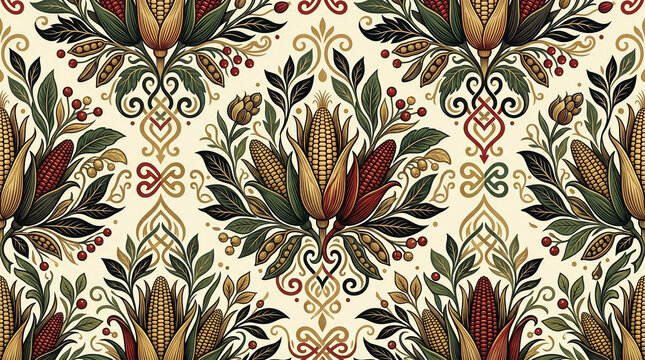 Symmetrical pattern of corn cobs and floral elements in rich colors, perfect for autumn or harvest decor.
