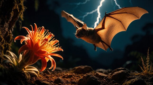 Small bat flies toward bright orange flower in dark night forest. Nocturnal mammal seeks nectar from bloom under moonlight, lightning flash. Wild animal pollinates plant in jungle at night. Nature