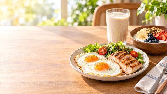 筋トレ向け高たんぱく朝食プレートとヨーグルトボウル
