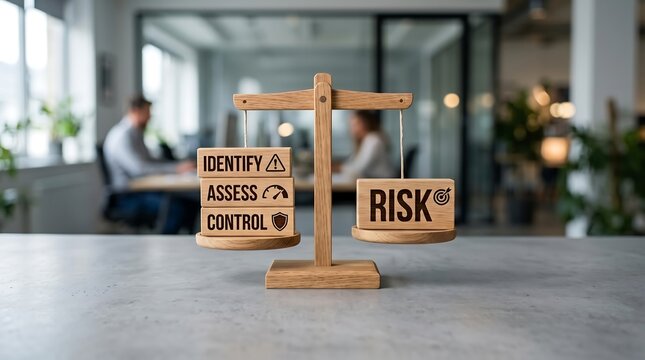 Wooden balance scale with blocks labeled 'Identify', 'Assess', 'Control' on one side and 'Risk' on the other, symbolizing risk management in business.