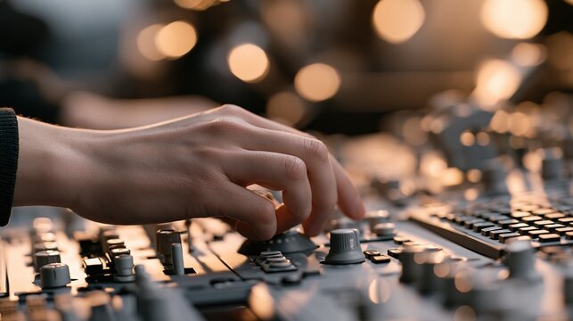 Close up of a hand adjusting knobs on a professional audio mixing console in a dimly lit studio