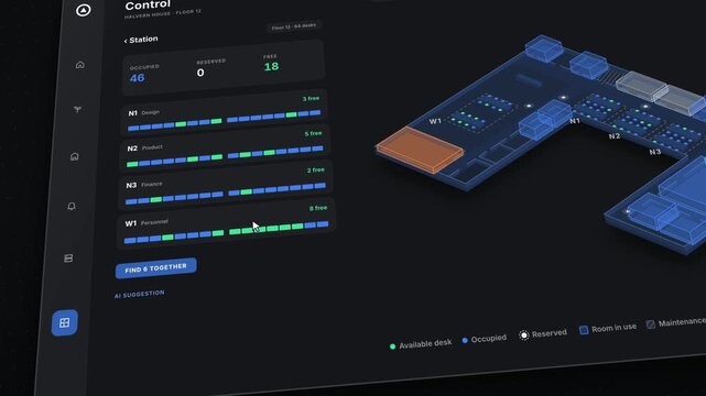 Smart Office Desk Cluster Dashboard, Building Management UI, Floor 12 Plan View, Corporate Facility Tracker, Dark Mode HUD Interface, Live Status Data, Room Booking System, Workplace Analytics