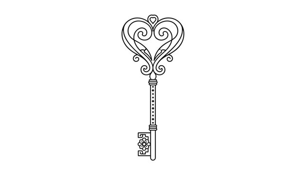 Beautiful heart shaped ornate vintage key line art drawing design on a clean white background vector illustration.