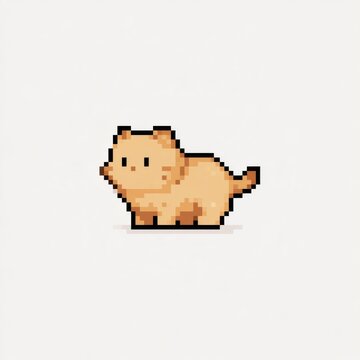This artwork features a cute pixel cat sprite designed in warm beige and amber tones, showcasing a retro video game aesthetic with a white background.