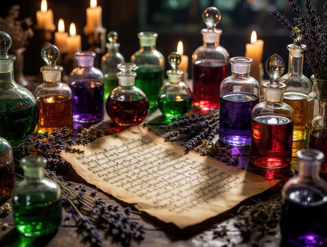 Mystic alchemy lab with colorful potion bottles, old parchment scroll. Glass flasks contain green purple red liquid on wooden table. Dried lavender herbs, burning candles create magic atmosphere for