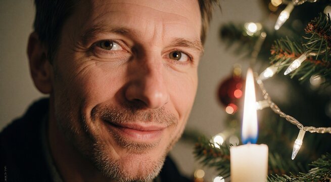 Mid-life man smiling warmly with candle and Christmas tree lights in the background, suggesting holiday decorating activities.