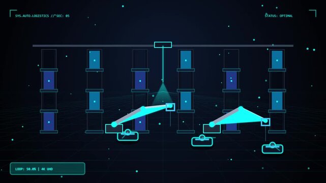 Automated logistics system interface showing robotic arm movement and data processing for industrial warehouse management with futuristic tech hud.
