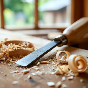 Traditional woodworking chisel resting beside curled wood shavings