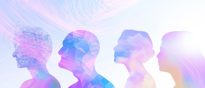 Mindscape Unveiled: Four silhouetted heads, rendered in a captivating pastel watercolor style, merge with ethereal light streaks and abstract shapes.