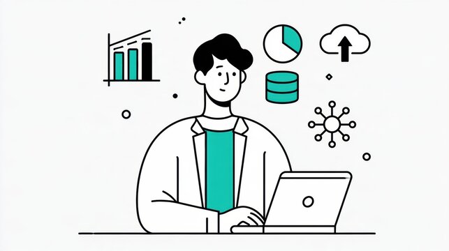 A male data scientist works on a laptop while charts and data elements float around him. This scene captures a tech-focused moment.