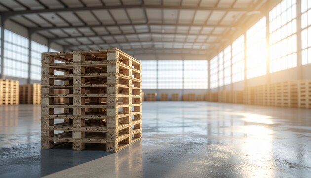 Wooden shipping pallets stacked in the corner of an empty warehouse