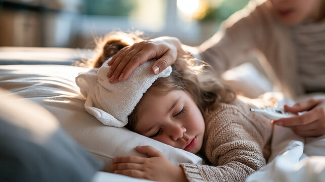 Child lying in bed with a cold compress on forehead, worried mother checking temperature, seasonal illness concept, copy space