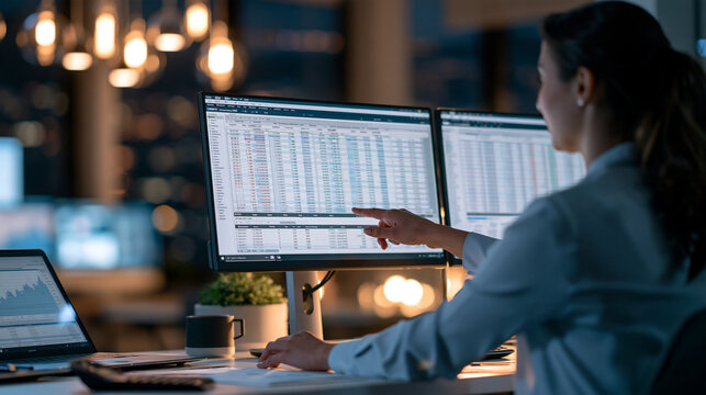Female financial analyst comparing spreadsheet columns across dual monitors, accounting control, budget analysis, reporting accuracy, business productivity, with copy space