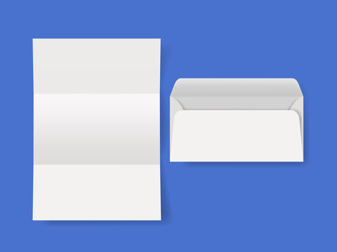Blank white folded A4 letterhead paper sheet with three sections and matching open DL envelope mockup