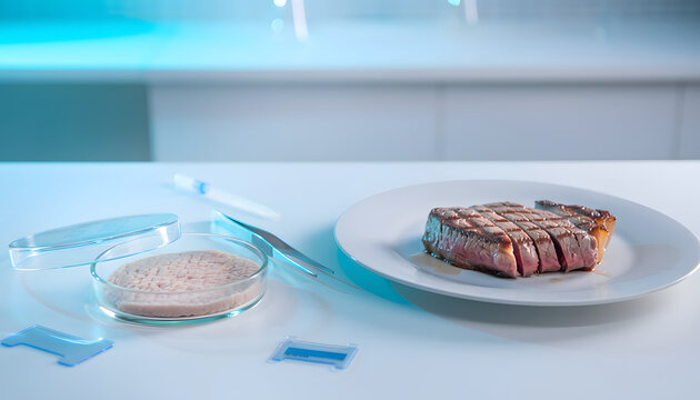Cultured meat steak resting on a transparent background laboratory plate with scientific samples.