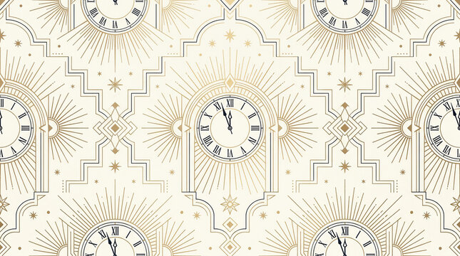 Minimalist art deco seamless pattern with gold clock faces and geometric sunbursts on cream background.