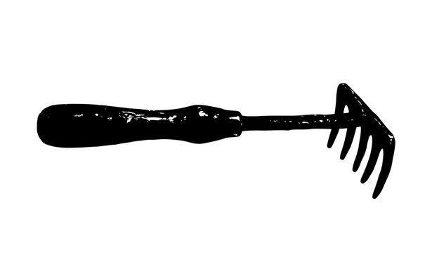 Vintage hand drawn garden rake vector illustration with wooden handle isolated on white background