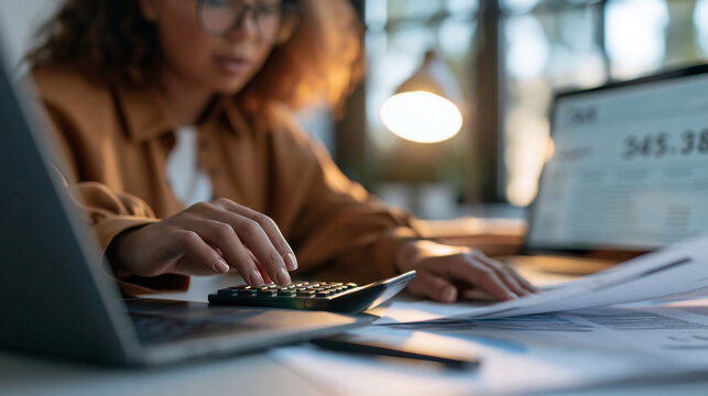 Businesswoman reviewing tax documents beside a laptop with financial calculations on screen, tax season concept, copy space