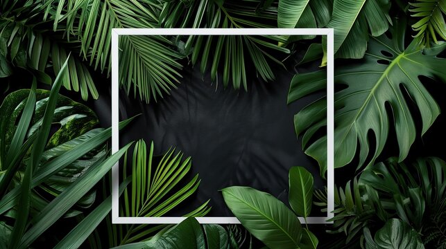 Lush tropical leaves backdrop with a white square frame. Features dark green jungle foliage like monstera and palm fronds. Elegant botanical layout for nature-themed messages and design.