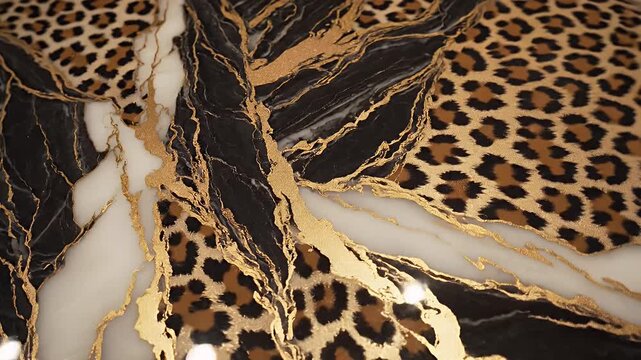 Intricate Leopard Print Over Dark Marble Pattern with Gold Veining and Highlights