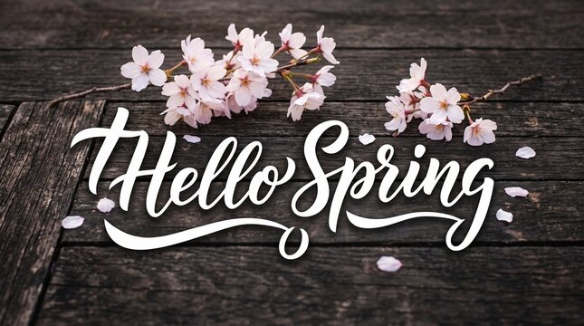 Hello Spring White Script Text with Cherry Blossoms on Wood Photo - hello spring, white calligraphy, cherry blossoms, wood background, spring greeting text, rustic spring design, sakura flowers