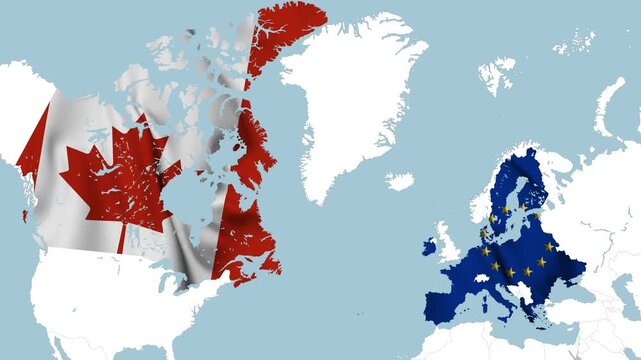 Animation concept of Canada and European Union moving closer together on world map