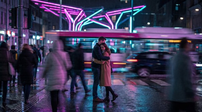 Couple embracing on neon lit urban street at night
