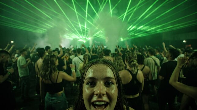 Woman dancing, ecstatic expression amid glowing laser lights, crowded nightclub