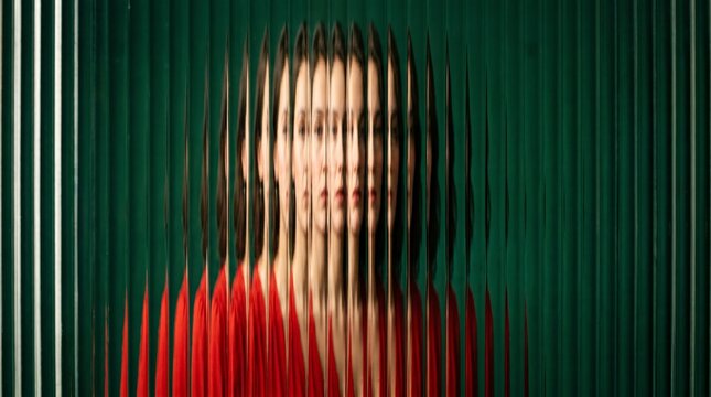 Person behind green ribbed glass distorted, ethereal surreal portrait