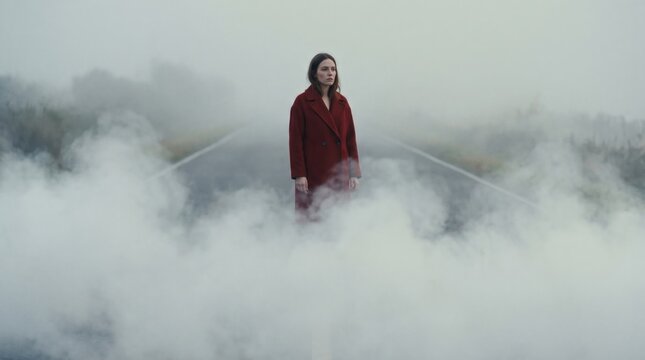 Woman in red coat standing alone on misty mountain road