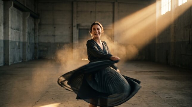 Woman twirling in dramatic sunlit warehouse with flowing dress