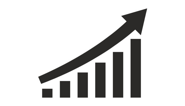 Financial growth bar chart with a rising arrow representing business success and positive economic progress in simple black.