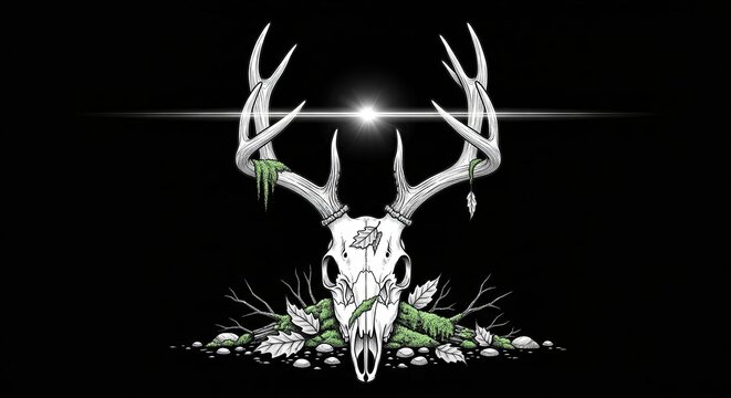 Deer skull illustration with moss and leaves on black background