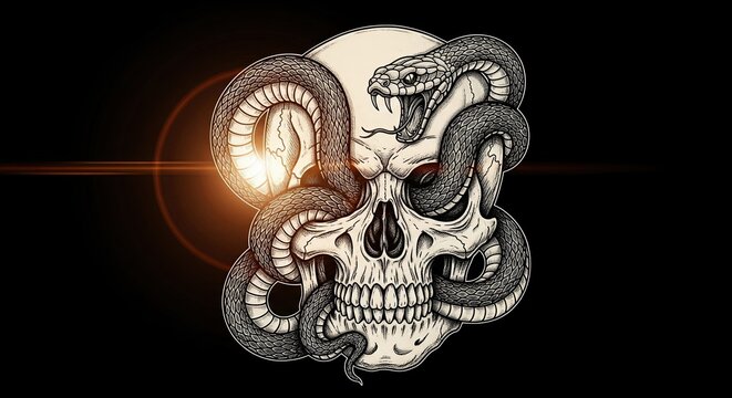 Human skull with coiled snake illustration on black background