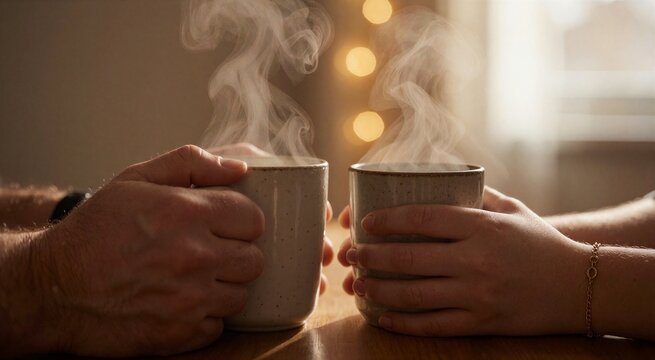 Warm holiday Christmas breakfast scene featuring two hands holding steaming ceramic mugs against a cozy, blurred background.