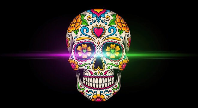 Dia de los Muertos sugar skull with floral patterns on black background
