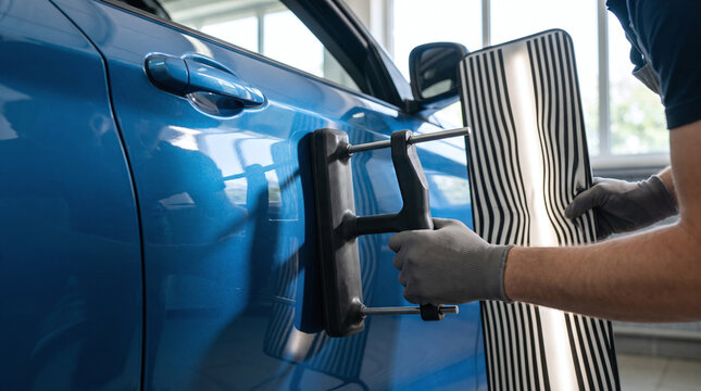Technician using a professional striped line board and dent puller tool for paintless dent repair on a blue car.
