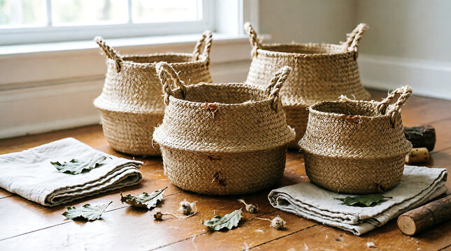 Handmade Wicker Basket on Rustic Wooden Table, Traditional Natural Craft Decor for Home, Food Storage and Rustic Interior Design