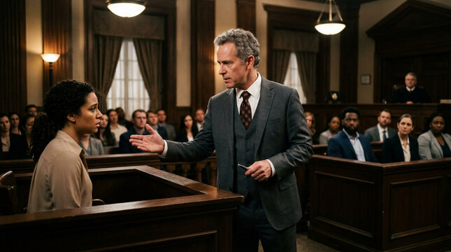 Male Lawyer Cross-Examining Female Witness During a Trial in Formal Courtroom