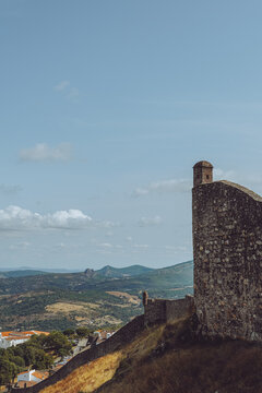 Historic castle walls of Marvao overlooking the Alentejo landscape in Portugal.